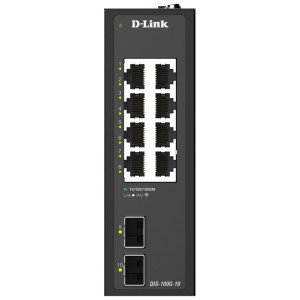 D-Link DIS-100G-10 10-Port Unmanaged Industrial Ethernet Switch, 2 SFP slots, Plug-and-play, Fanless, DIN-rail mount